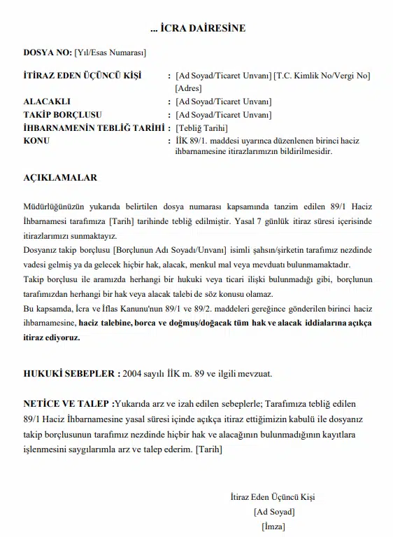 89/1 Haciz İhbarnamesine Cevap Verilmemesi ve Hukuki Sonuçları | İtiraz Dilekçesi Örneği 2 89/1 Haciz İhbarnamesi İtiraz Dilekçesi Görsel Örneği