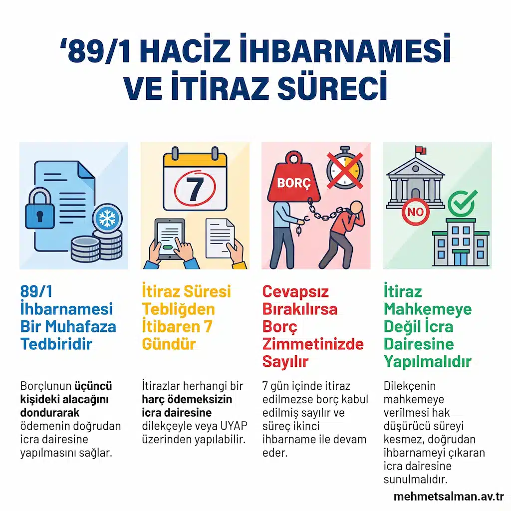 89/1 Haciz İhbarnamesine Cevap Verilmemesi ve Hukuki Sonuçları | İtiraz Dilekçesi Örneği 1 89/1 haciz ihbarnamesi itiraz süresi, cevap verilmemesi durumunda doğacak sonuçlar ve icra dairesine başvuru adımlarını gösteren infografik