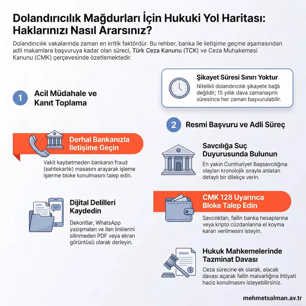 Dolandırıcılık mağdurları için acil adımlar: Banka şüpheli işlem bildirimi, dijital delil toplama, savcılık suç duyurusu ve CMK 128 bloke talebi rehberi infografiği.