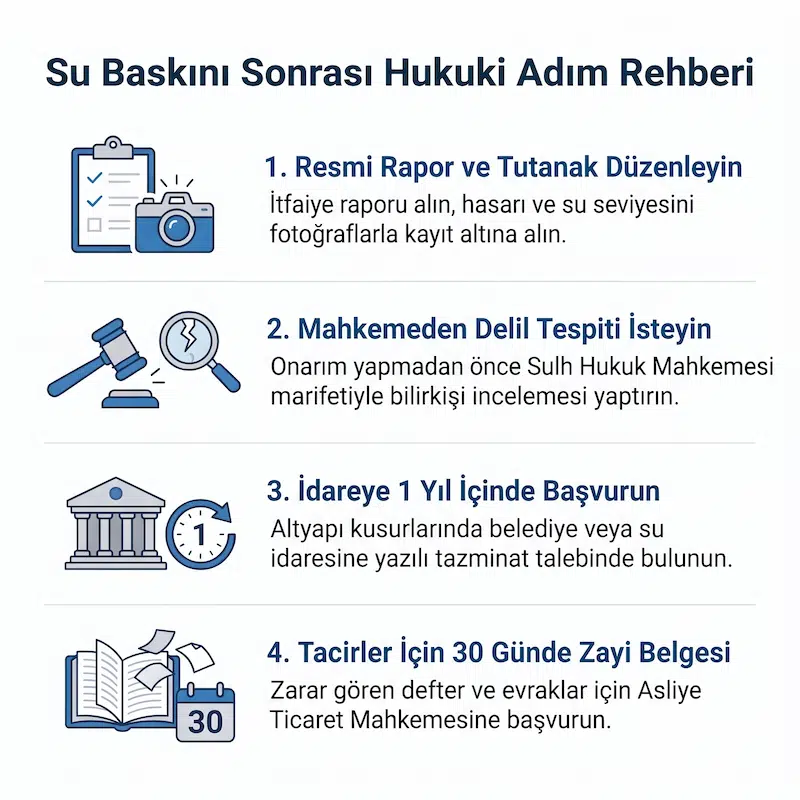 Sel ve Su Baskını Nedeniyle Doğan Zararların Tazmini: İdarenin Hizmet Kusuru, Kira Hukuku ve Delil Tespiti 1 Yağmurdan evi su bastı ne yapmalıyım diyenler için su baskını hasar tespiti, Sulh Hukuk delil tespiti, belediye başvurusu ve zayi belgesi adımları